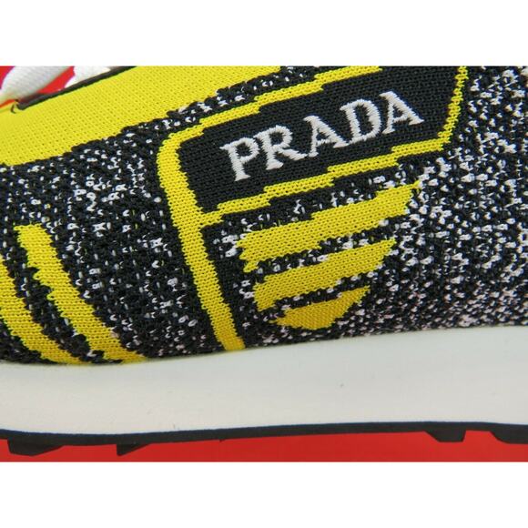 NIB PRADA 2EG272 YELLOW BLACK FABRIC TRAINERS KNIT LOGO LACE UP SNEAKERS 7 US 8 - Picture 7 of 12
